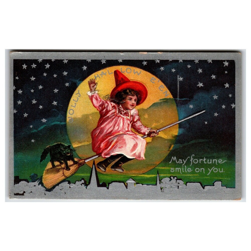 Vintage Halloween Postcard Embossed Witch Girl Black Cat Moon Starry Sky